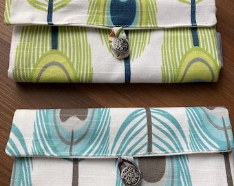 Cotton Travel Jewelry Organizer: Peacock Feather Print, Zippered Pockets