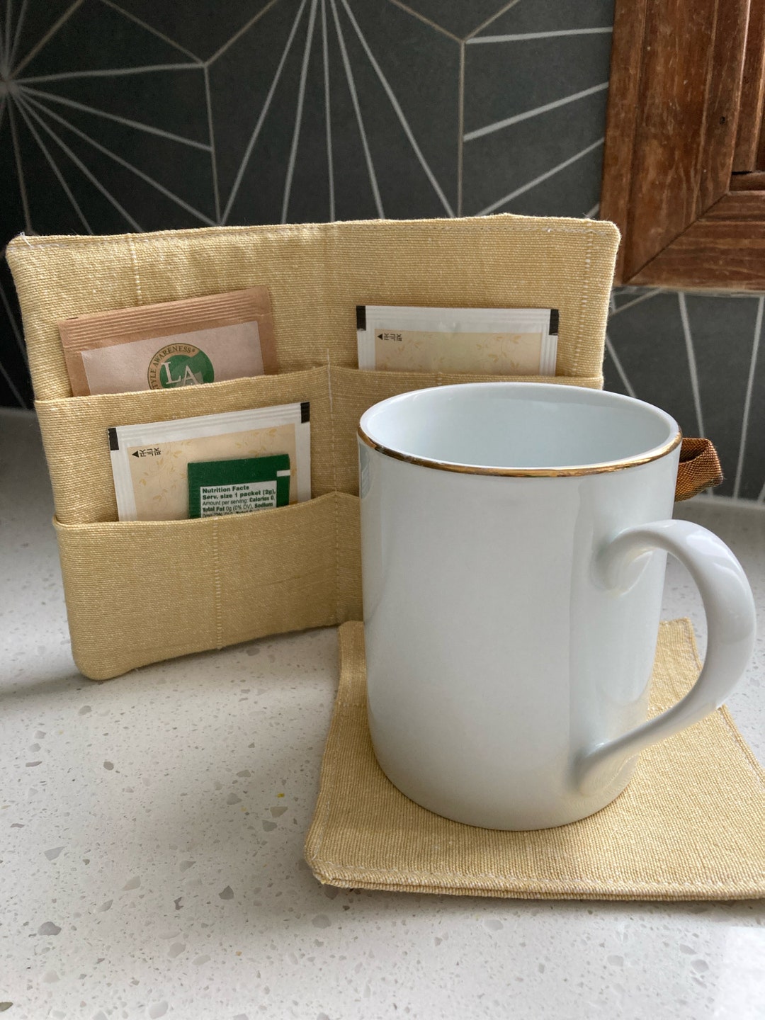 Beige Cotton Tea Bag Wallet and Coaster Set, Tea Bag Organizer, Travel