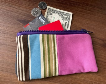 Fuchsia and Mixed Color of  Stripe Pactchwork  Zippered  Coin Purse Wallet Pouch Unique gift