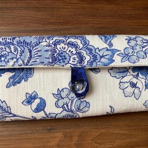 Royal Blue Floral Travel Jewelry Organizer: Cotton Jewelry Roll, Earring Holder