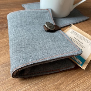 Gray Wool  Tea Bag Wallet and Coaster Set, Tea Bag Organizer, Travel Tea Bag Holder, Tea Lovers Gift