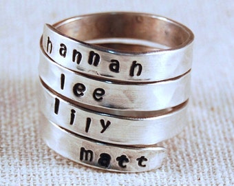 Mothers Ring for 4 Names Hand Stamped Ring Personalized Name Ring Wrap Ring Custom Ring Sterling Silver Ring