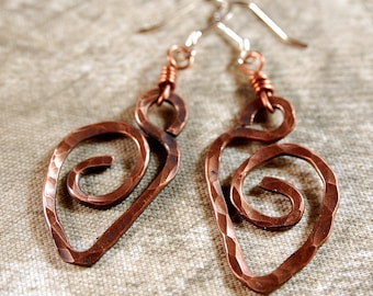 Copper Earrings, Hammered Hearts, Copper Wire