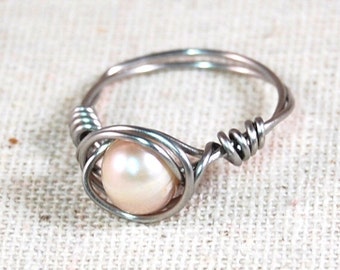 Stainless Steel Wire Wrapped Ring with Fresh Water Pearl Gift Ideas for Girlfriend Gift Ideas for Her