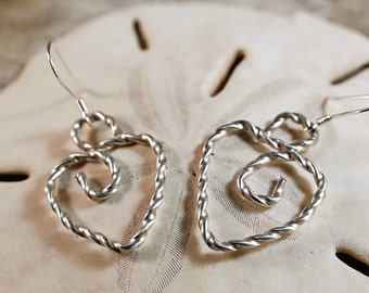 Sterling Silver Heart Earrings, Heart Shaped, Twisted Wire