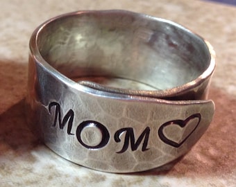 Mothers Ring, Ring for Mom, Sterling Silver Mother Ring, Hand Stamped Wrap Ring, Mom Ring