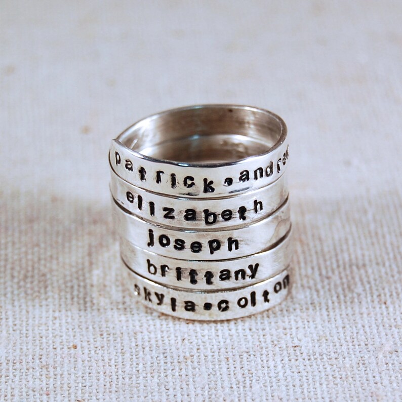 Personalized Mothers Ring 5 Name Ring Hand Stamped Mothers Etsy