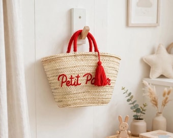 Petit Panier Basket - French Market Straw Bag 40cm - Handwoven Palm Leaf Tote with Red Tassel - Boho Beach Bag - Moroccan Storage Basket