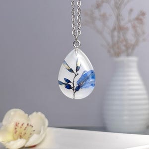 Botanical Teardrop Pendant Necklace with Real Dried Blue Jenista Flower, Botanical Plant Pendant, Cottagecore Jewelry, Glass Terrarium