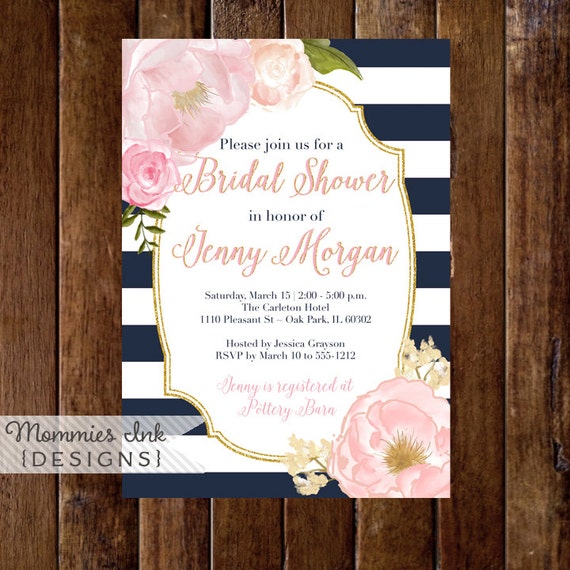 Watercolor Peonies Bridal Shower Invitation, Navy and White Stripes Shower Invitation, Watercolor Pink Roses, Gold Glitter Invitation,WHITE Il_570xn