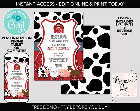 EDITABLE Printable Farm Birthday Invitation, Farm Animals Invite, Farm Invite, Farm Party, Barnyard Invitation, Custom Invitation, Corjl Il_570xn