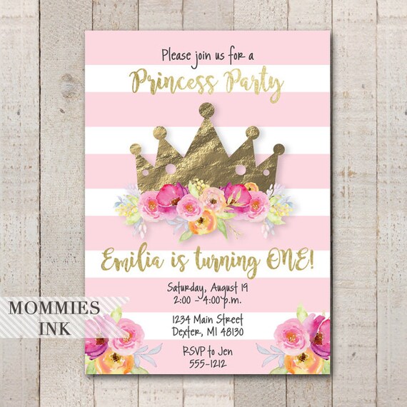 girls first birthday invitation princess party invitation 1st birthday invite princess first birthday invitation pink stripe invitation princess first birthday invitations
