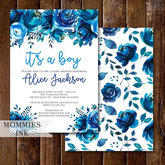 Boy Baby Shower, Baby Shower Invitation, Shower Invitation, Indigo Floral Invitation, Wood Grain Invitation, Rustic Invitation, Its a Boy Il_570xn