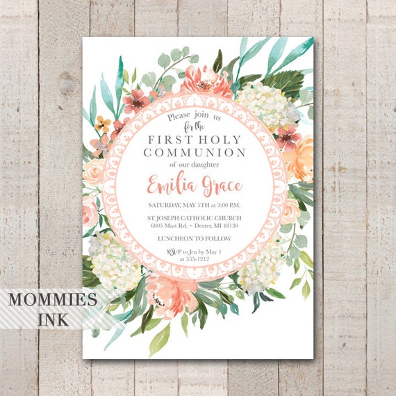Floral Christening Baptism Birthday Invitation Invites Holy Communion Wreath