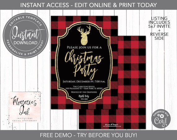 EDITABLE INVITE Buffalo Check Christmas Party Invitation, Holiday Party Invitation, Deer Invite, Red and Black, Oh Deer Invitation, Corjl Il_570xn