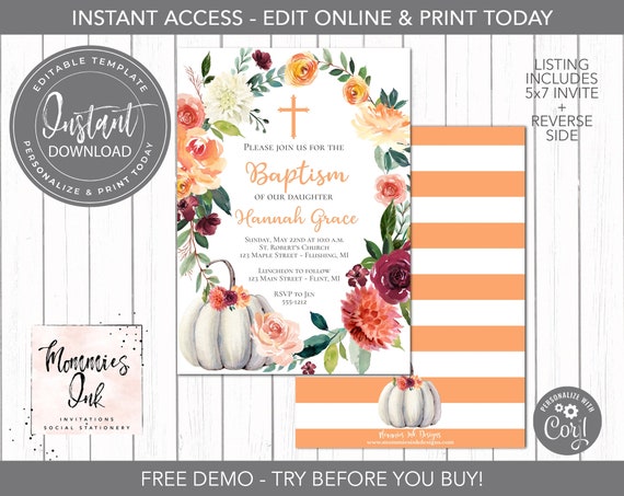 EDITABLE INVITE White Pumpkin Baptism Invitation, Pumpkin Invite, Fall Baptism, Fall Invitation, Religious Invitation, Cross, Corjl Template Il_570xn