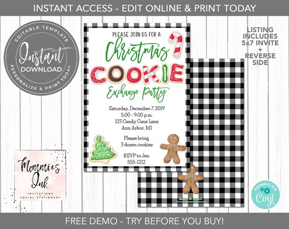 Christmas Cookie Exchange Invitation, Custom Christmas Invitation, Cookie Party, Kids Christmas Party, Christmas Invite, EDITABLE INVITE Il_570xn
