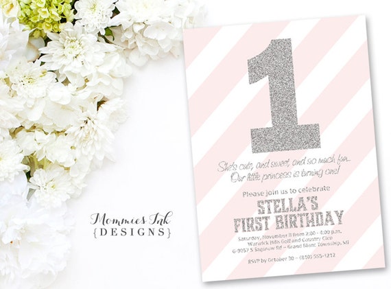 silver glitter first birthday invitation light pink stripes silver