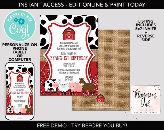 EDITABLE Printable Farm Birthday Invitation, Burlap Pattern, Farm Animals Invite, Farm Invite, Farm Party, Barnyard Invitation, Corjl Il_570xn