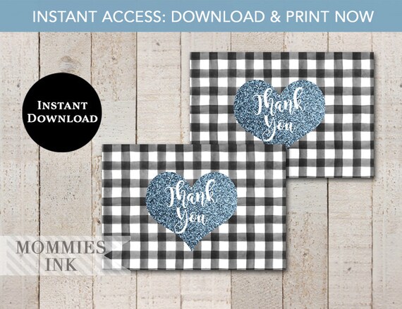 INSTANT DOWNLOAD Black and White Buffalo Check Thank You Note, Blue Glitter Heart Thank You Note, Black Gingham Folded Thank You Note Il_570xn
