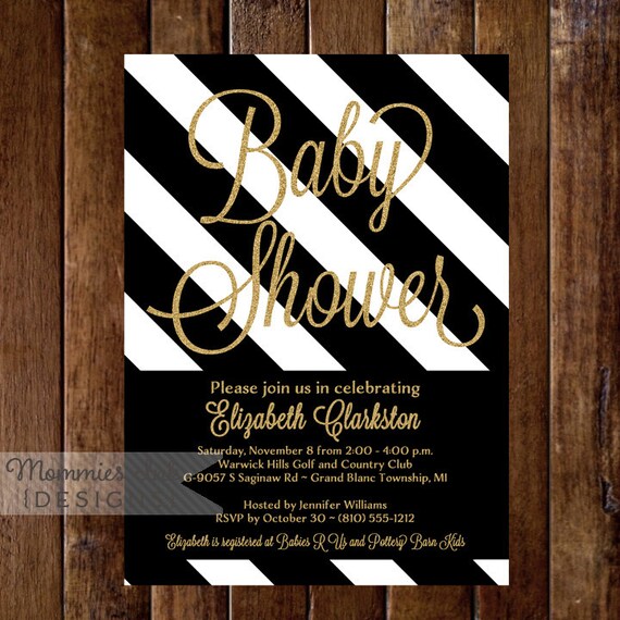 Items similar to Gold Glitter Baby Shower Invitation, Black & White Stripes, Shower Invitation