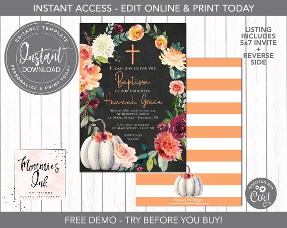EDITABLE INVITE White Pumpkin Baptism Invitation, Pumpkin Invite, Fall Baptism, Fall Invitation, Religious Invitation, Chalk, Corjl Template Il_570xn