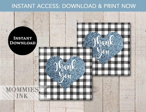 INSTANT DOWNLOAD Black and White Buffalo Check Favor Tag, Blue Glitter Heart Favor Tag, Black Gingham, Blue Heart Favor Tag, Thank You Tag Il_570xn