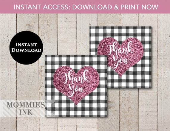 INSTANT DOWNLOAD Black and White Buffalo Check Favor Tag, Pink Glitter Heart Favor Tag, Black Gingham, Pink Heart Favor Tag, Thank You Tag Il_570xn