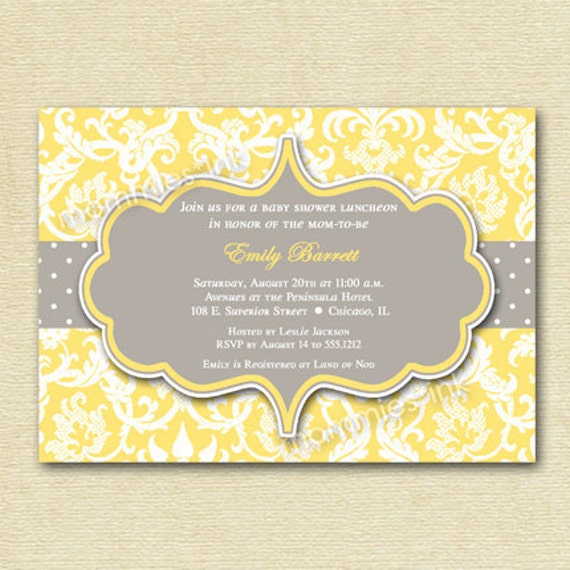 Items similar to Yellow and Gray Damask Baby Shower Invitation