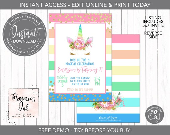 EDITABLE FILE Unicorn Face Birthday Invitation Unicorn Party Invitation Kids Birthday Invitation Corjl Template Il_570xn
