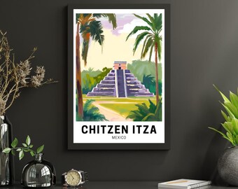 May include: A colorful illustration of the Chichen Itza pyramid in Mexico. The pyramid is surrounded by lush green trees and a dirt path. The text "Chitzen Itza" and "Mexico" is printed below the image.