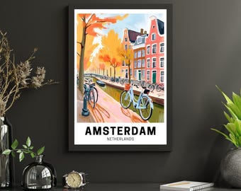 Poster Amsterdam Olanda, Amsterdam Paesi Bassi Stampa, Arte murale, Poster di viaggio, Decorazione per la casa, Illustrazione digitale, Opera d'arte