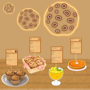May include: A digital illustration of various baked goods and desserts with their recipes displayed on cards. The image includes a pumpkin pie, banana pudding, poppyseed muffins, cookies, and a cake. The image is set against a brown background.