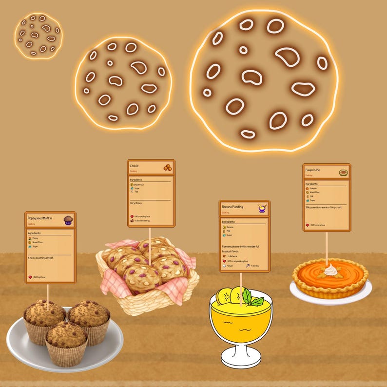 May include: A digital illustration of various baked goods and desserts with their recipes displayed on cards. The image includes a pumpkin pie, banana pudding, poppyseed muffins, cookies, and a cake. The image is set against a brown background.