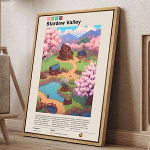 May include: A retro-style poster featuring a colorful illustration of a town from the video game Stardew Valley. The poster has the title "Stardew Valley" and includes information about the game's genre and release date.