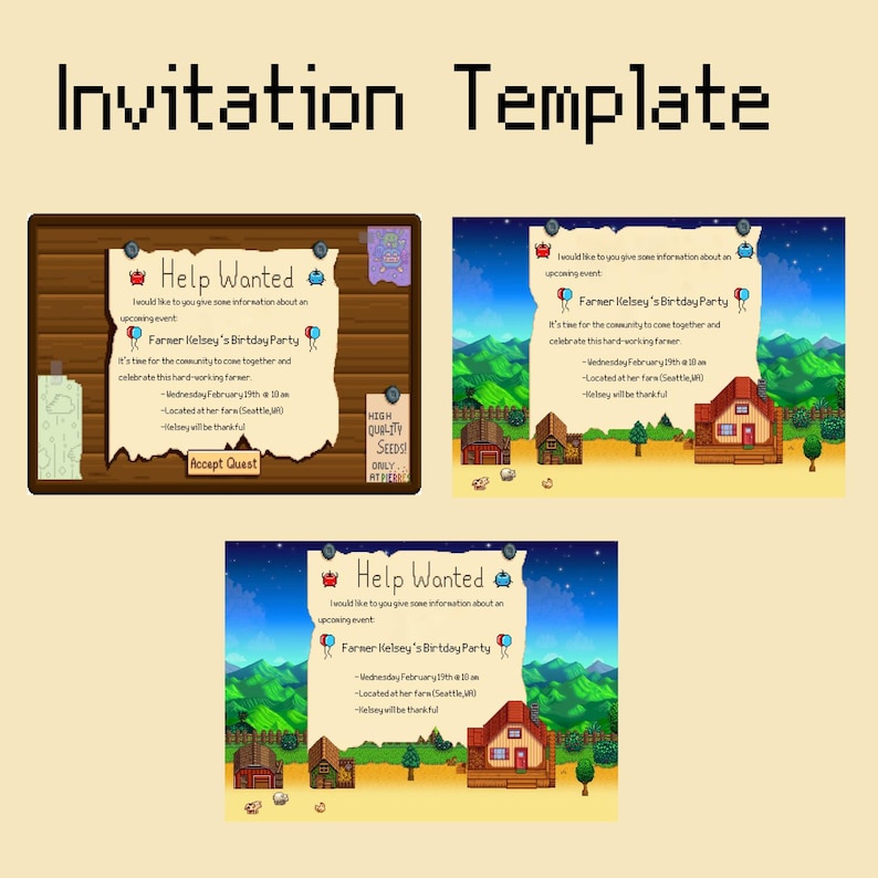 May include: A pixelated invitation for a birthday party. The invitation is on a brown noticeboard with a green background. The text reads "Help Wanted" and "Farmer Kelsey's Birthday Party". The party is scheduled for Wednesday, 19th February at 2:00 PM at Kelsey's farm in Seattle, VR.