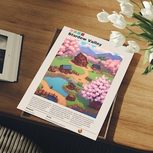 May include: A digital illustration of a video game called "Stardew Valley". The image shows a small town with a pond, houses, and cherry blossom trees. The text "Stardew Valley" is at the top of the image.