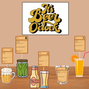 May include: A wood-grain surface with a variety of items, including a glass of beer, a bottle of pale ale, a jar of pickles, a glass of juice, and a pouch of juice. There are also four recipe cards with the titles "Door", "Pickles", "Pale Ale", and "Juice". The text "It's Beer O'clock" is written in a large, stylized font on a white background.