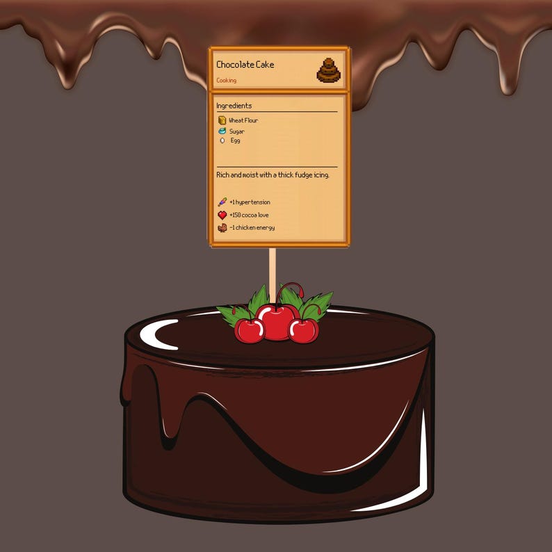 May include: A chocolate cake with a thick fudge icing, topped with cherries and a sign that reads "Chocolate Cake" with a list of ingredients and cooking instructions.
