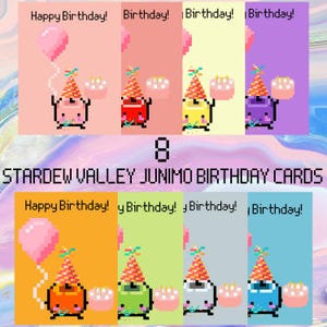 Carte d'anniversaire Stardew Valley, cadeau d'anniversaire en téléchargement numérique, carte de voeux imprimable inspirée de Stardew Valley, chapeau ballon rose Jumino Cake