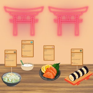 May include: A digital illustration of a Japanese restaurant menu featuring four dishes: Rice Pudding, Sashimi, Tofu Roll, and Coleslaw. Each dish has a recipe card with ingredients and instructions. The background is a light orange with two pink neon torii gates.