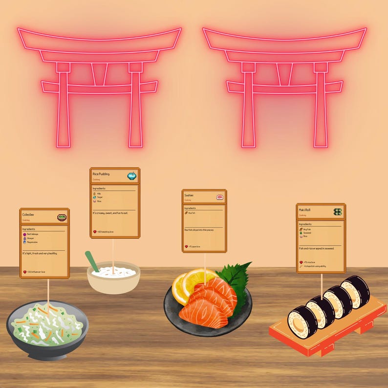 May include: A digital illustration of a Japanese restaurant menu featuring four dishes: Rice Pudding, Sashimi, Tofu Roll, and Coleslaw. Each dish has a recipe card with ingredients and instructions. The background is a light orange with two pink neon torii gates.