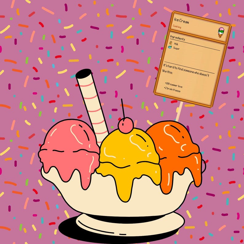 May include: A cartoon illustration of a bowl of ice cream with three scoops: pink, yellow, and orange. The bowl is on a white stand with a brown base. A brown and white striped straw is sticking out of the top of the bowl. The background is a pink pattern of sprinkles.