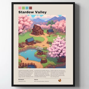 May include: A retro-style poster featuring a colorful illustration of a farm scene from the video game Stardew Valley. The poster includes the game's title, release date, and genre. The illustration depicts a farm with a house, a pond, and a variety of trees and flowers.