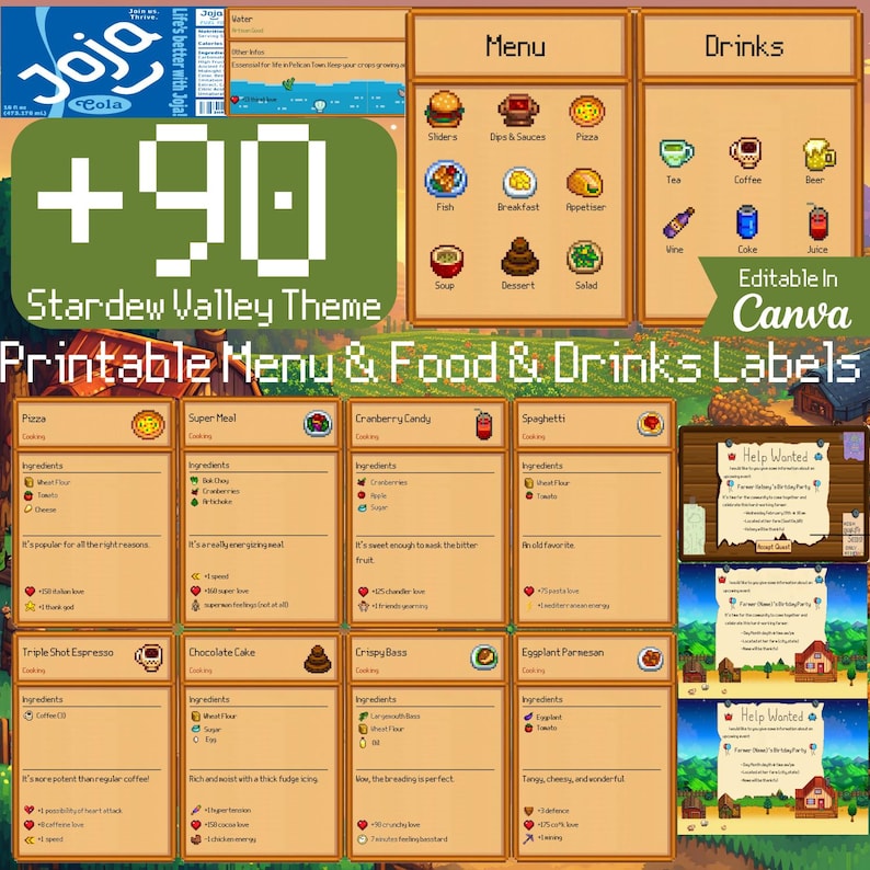 May include: Printable menu and food and drink labels in a Stardew Valley theme. The labels are brown with a pixelated design and feature various food and drink items from the game, such as pizza, super meal, cranberry candy, spaghetti, triple shot espresso, chocolate cake, crispy bass, eggplant parmesan, tea, coffee, beer, wine, coke, and juice. The labels also include a "Help Wanted" sign with a pixelated design.