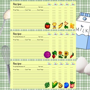 May include: Three yellow recipe cards with a lined area for writing down ingredients and instructions. Each card has a pixelated image of different fruits and vegetables at the bottom.