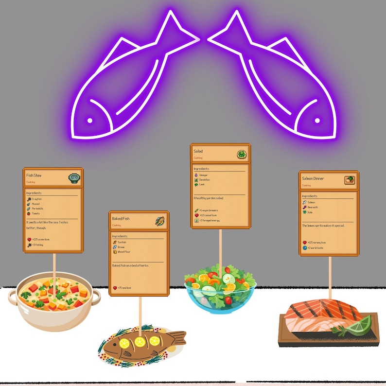 May include: A digital illustration of five different recipes for fish stew, baked fish, salad, and salmon dinner. Each recipe is displayed on a card with a list of ingredients and cooking instructions. The cards are placed on a table with a bowl of salad, a plate of baked fish, a bowl of fish stew, and a plate of salmon.
