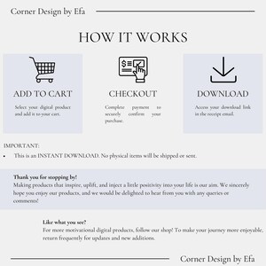 May include: A graphic showing how to purchase digital products online. The steps are: Add to Cart, Checkout, and Download. The graphic includes icons of a shopping cart, a credit card, and a download arrow.