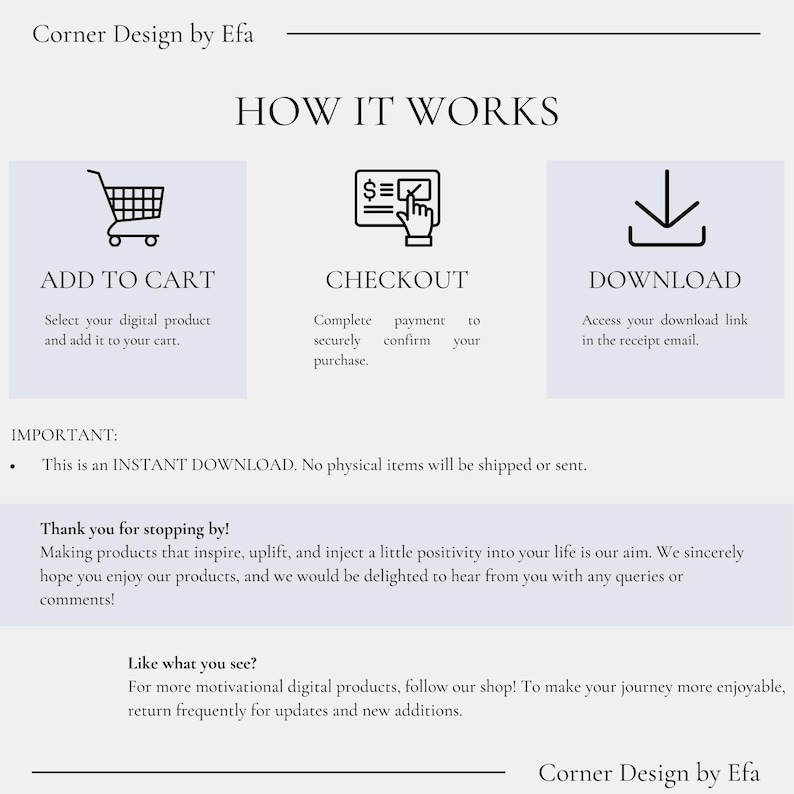 May include: A graphic showing how to purchase digital products online. The steps are: Add to Cart, Checkout, and Download. The graphic includes icons of a shopping cart, a credit card, and a download arrow.
