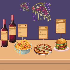 May include: A table displaying a selection of food items, including a pizza, spaghetti, a burger, and two bottles of wine. There are also signs with the names and ingredients of each dish.